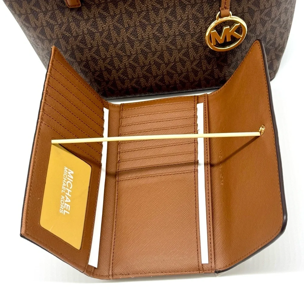 Michael Kors JST XS Logo TZ Tote Bag & Matching Trifold Wallet Signature Brown